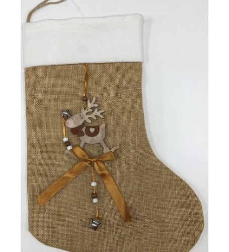 HESSIN STOCKING WITH WOODEN REINDEER  